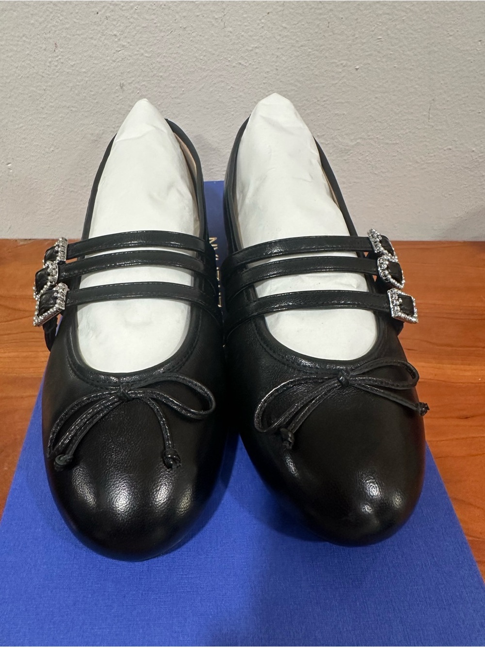 Stuart Weitzman Blk Three Strap Ballet Flats w/Rhinestone Buckles Great for Fall